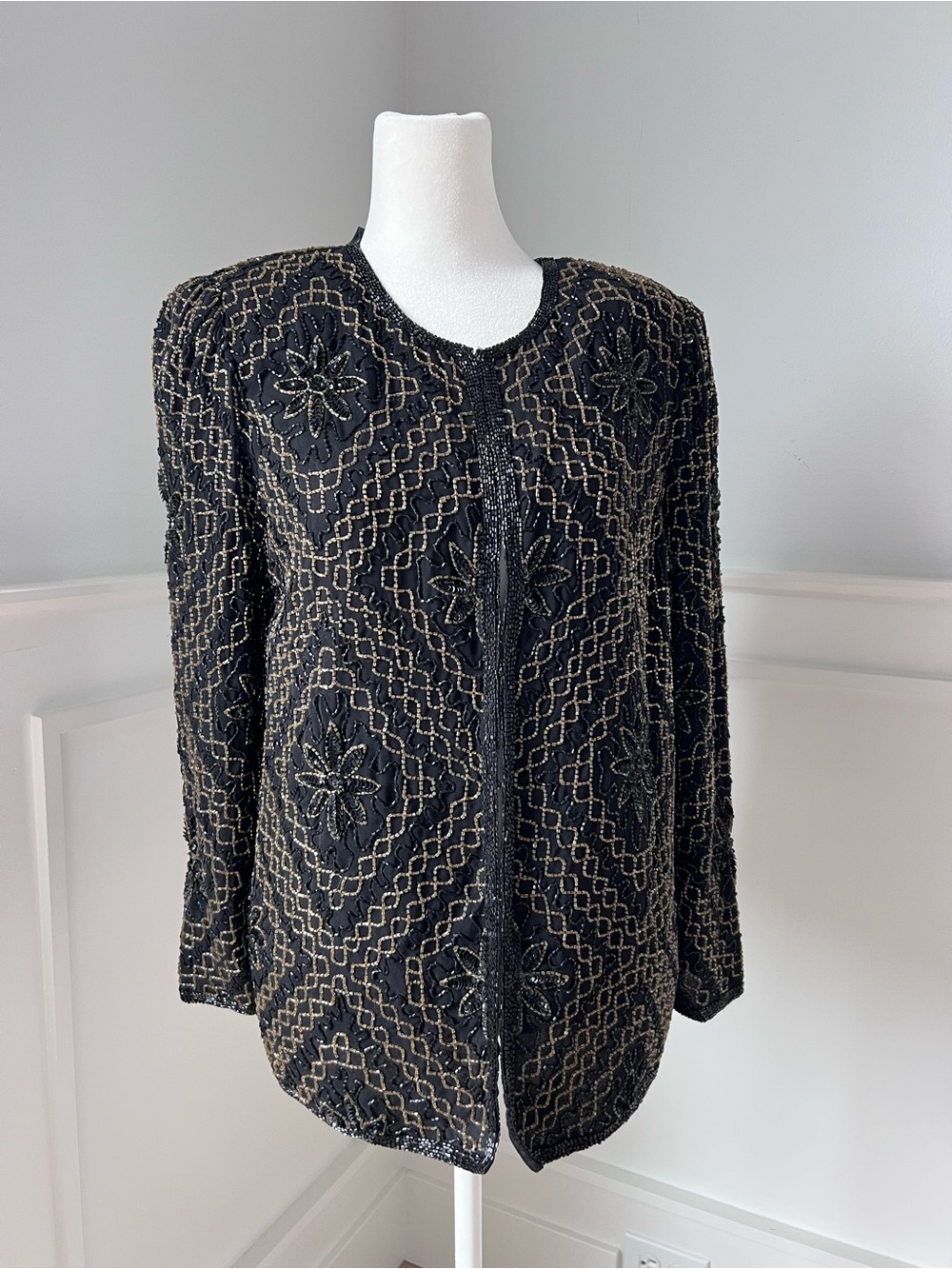 Laurence Kazar Black Jacket with Gold Beaded Floral Motif